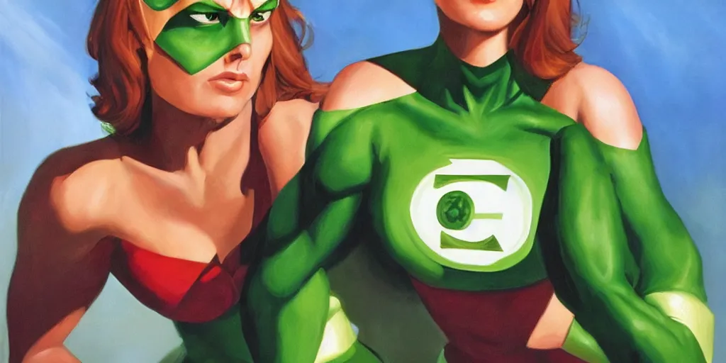 Prompt: Female portrait of Green Lantern in the morning sun, Alex Ross, oil painting