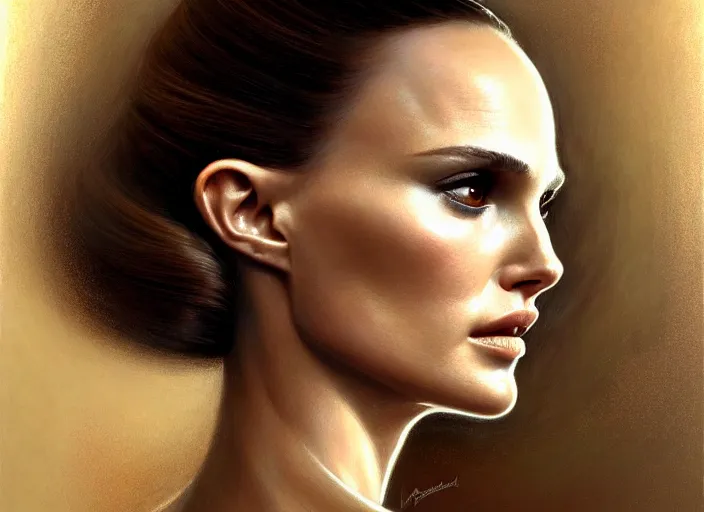Image similar to portrait shot of natalie portman in bladerunner, intricate, elegant, highly detailed, centered, digital painting, artstation, concept art, smooth, sharp focus, illustration, artgerm, tomasz alen kopera, peter mohrbacher, donato giancola, joseph christian leyendecker, wlop, boris vallejo