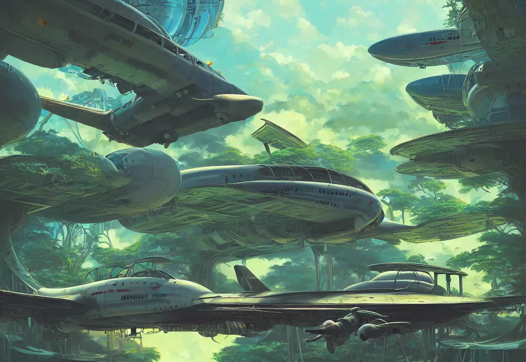 Image similar to chubby futuristic abandonned airplane in an alien jungle, intricate oil painting, high detail illustration, sharp high detail, manga and anime 1 9 9 9, official fanart behance hd artstation by jesper ejsing and makoto shinkai, 4 k,