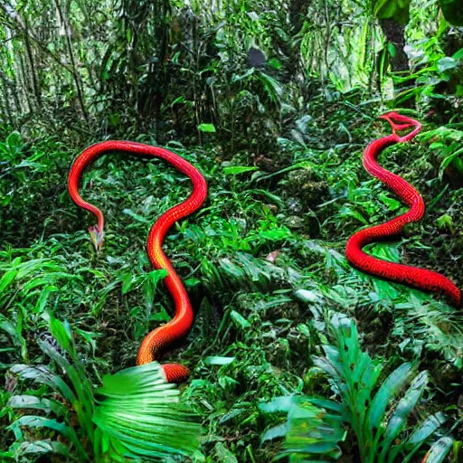 Image similar to thick jungle with brightly colored snakes everywhere. very dark