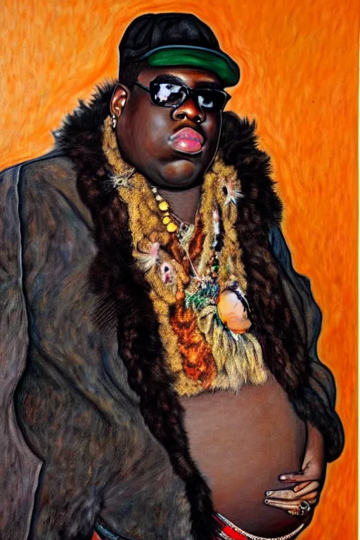 Image similar to full body!! a portrait of biggie smalls aka notorious b. i. g. wearing boho - chic style clothes, with a fur muffler and feathers, realistic painting in egon schiele style, masterpiece, hyperdetailed, complex, intricate, 4 k, hyperrealistic, trending on artstation