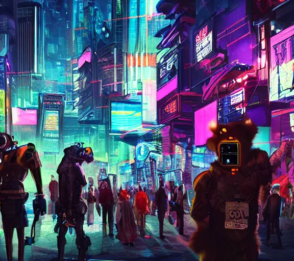 Image similar to high - resolution photograph from a cyberpunk era furry fandom convention ( midwest furfest 2 0 4 7 ), taking place after the genetic revolution and quantum singularity. photorealistic.