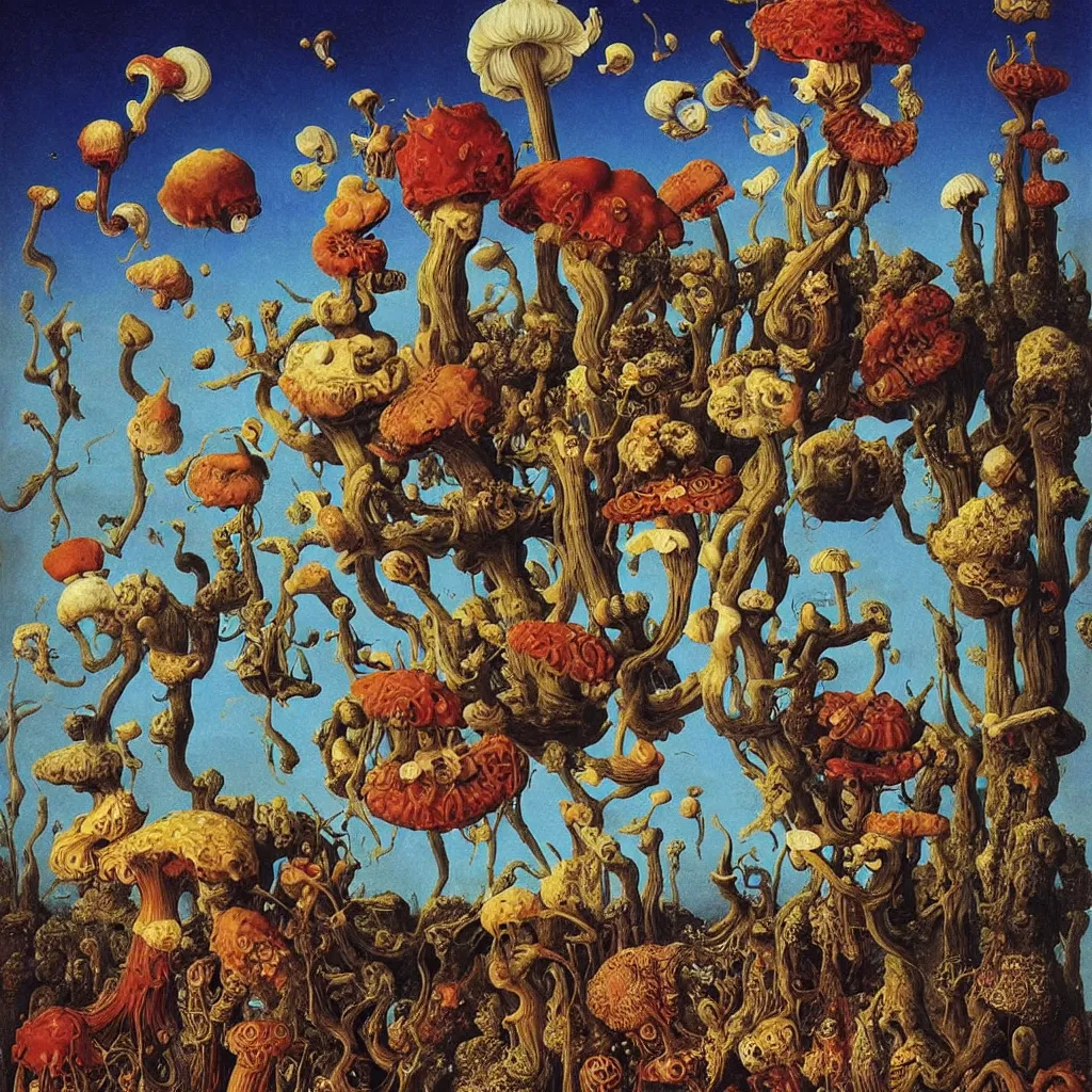 Image similar to a single colorful! ( lovecraftian ) fungus tower white! clear empty sky, a high contrast!! ultradetailed photorealistic painting by jan van eyck, audubon, rene magritte, agnes pelton, max ernst, walton ford, andreas achenbach, ernst haeckel, hard lighting, masterpiece