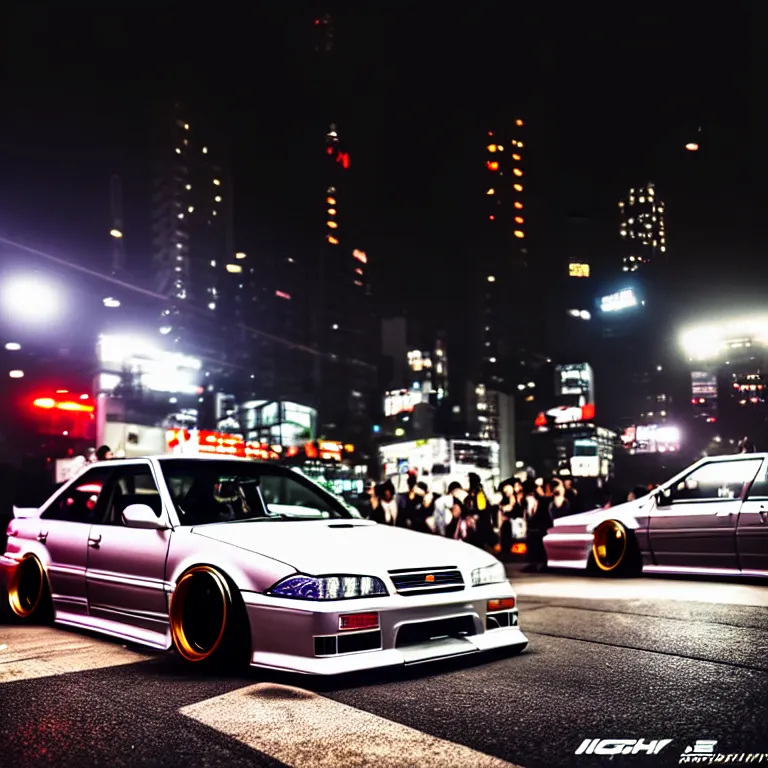 Image similar to a car JZX100 twin turbo drift at illegal car meet, Shibuya prefecture, city midnight mist lights, cinematic lighting, photorealistic, highly detailed wheels, high detail