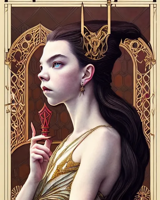 Image similar to anya taylor - joy ( queen's gambit ), art nouveau, fantasy, intricate chess designs, elegant, highly detailed, sharp focus, art by artgerm and greg rutkowski and wlop