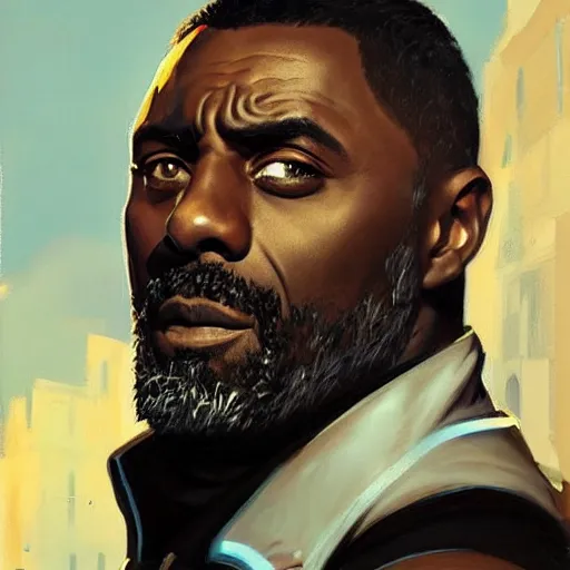 Prompt: greg manchess painting of idris elba as an overwatch character, profile picture, matte painting, bold shapes, hard edges, street art, trending on artstation, by huang guangjian and gil elvgren and sachin teng