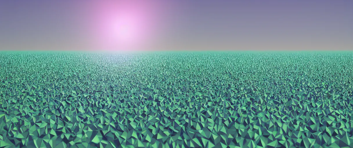 Image similar to 3 d render, low poly art, minimalist, flowers, teal sky, lowpoly, field of dreams, particles floating, unreal engine, dreamy, bokeh, bounce light, radiant lighting