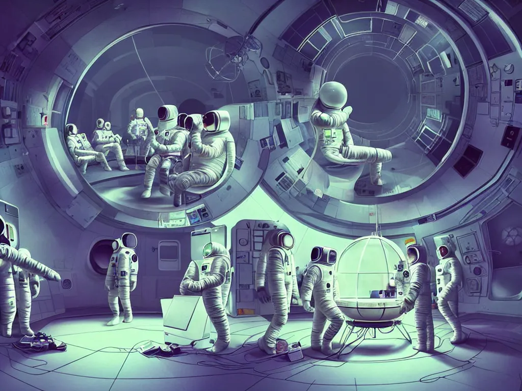 Image similar to a team of therapists calmly attend to an astronaut in a psychedelic therapy session, inside a midcentury modern architecture lunar module, on the surface of the moon, concept art, science fiction industrial hard science concept art, 8 k render octane high definition