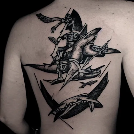 Prompt: flash tattoo of skeleton riding rocket in the shape of shark, black and white by sailor jerry, curt montgomery, bangbangnyc, ryan ashley, killkenny