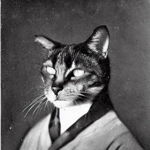 Image similar to an ominous old photo portrait of a cat baron. haunted