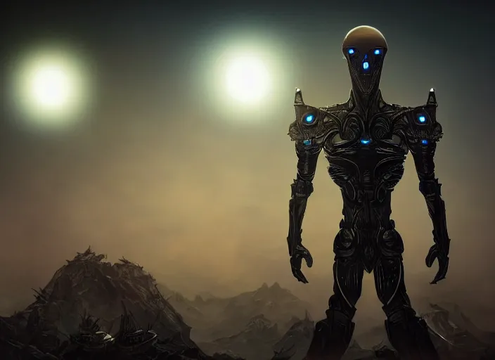 Image similar to medium shot, an alien with beautiful glowing eyes, detailed symmetrical face and skin, wearing a long flowing cloth shirt over stylish large futuristic armor poses beside an outpost with tall detailed structures with lights in the night sky, incredible detail, anamorphic 2 0 mm lens cinematic flare, photorealistic!!!