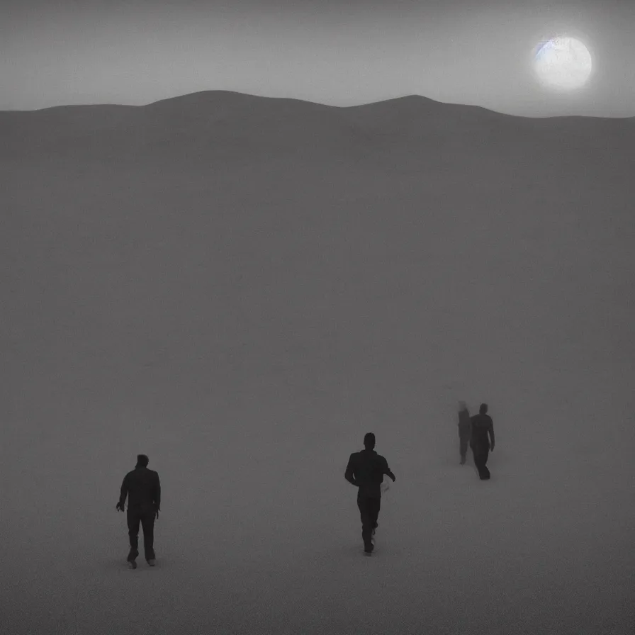 Image similar to a surreal landscape of a frightened man chased by ghosts in a vast desert lit by two scary moons