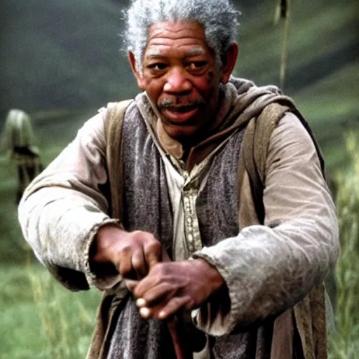 Image similar to morgan freeman as frodo in lord of the rings