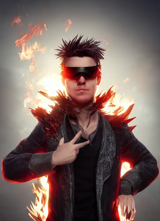 Image similar to An epic fantasy comic book style portrait painting of young man with red spiked long hair, using googles. Wearing a black waistcoat, white shirt. Fire on his hands. Unreal 5, DAZ, hyperrealistic, octane render, cosplay, RPG portrait, dynamic lighting