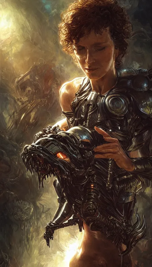 Image similar to ellen ripley, warhammer, lord of the rings, sweaty, intricate, highly detailed, digital painting, artstation, concept art, smooth, sharp focus, illustration, unreal engine 5, 8 k, art by artgerm and greg rutkowski and alphonse mucha