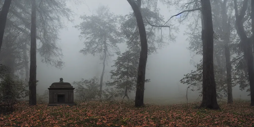 Image similar to a single tomb in the middle of a foggy forest, ornate, foggy