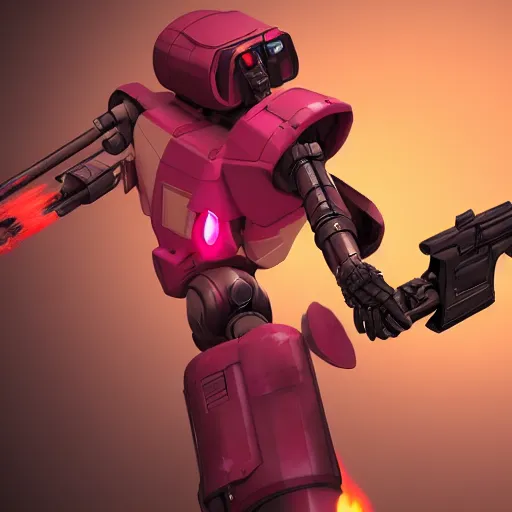 Image similar to Elita One armed with a blaster in a gun fight, smoke, dynamic lighting, explosions, artstation, robot,