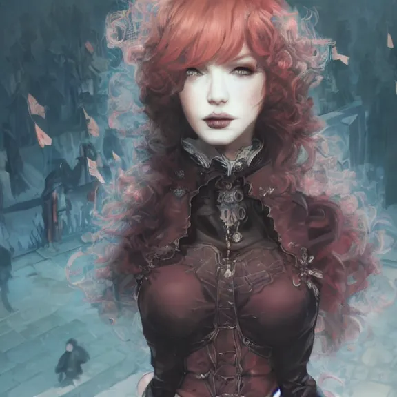 Image similar to christina hendricks!!!!! goth!!!!!, tankoban, 4 k, tone mapping, akihiko yoshida, james jean andrei riabovitchev marc simonetti, yoshitaka amano, long hair, curly, h. hydrochaeri