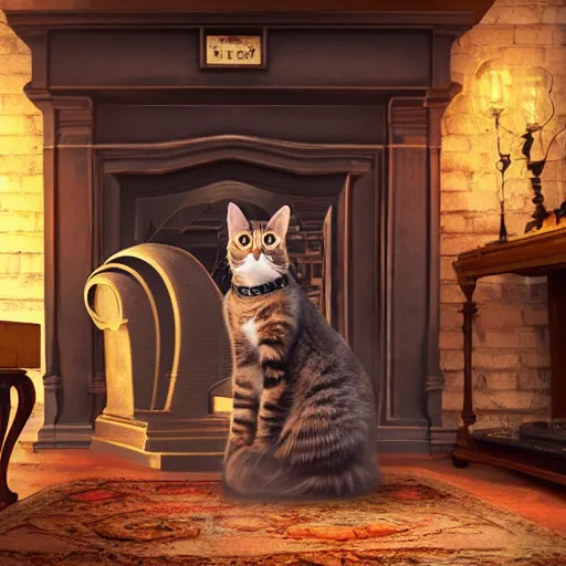 Prompt: steampunk cat sits in a chair in front of a fireplace in a book lined room and smokes a pipe, high realistic, high detailed, octane render