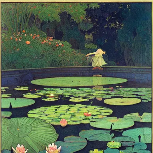 Prompt: water lily pond, fine lines, clean lines, drawn by maxfield parrish, alphonse mucha, henri gillet, william morris, john henry dearle, audrey kawasaki, james jean, victo ngai, odilon redon, gaston bussiere, felicien rops, eugene grasset, janis rozentals