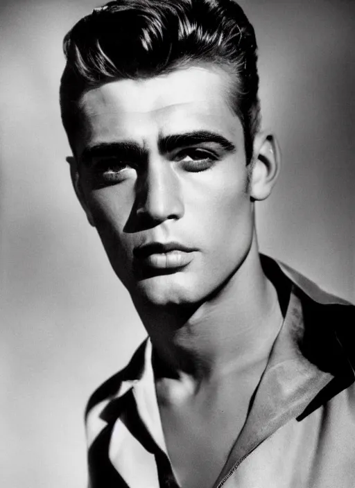 Image similar to genetic combination of james dean, elvis presley, sean connery, and boris karloff. gaunt, handsome, beautiful, striking, chiseled. prominent cheekbones, deep dimples, strong jaw.