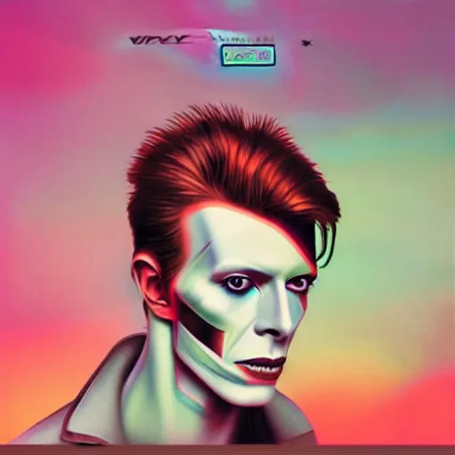 Prompt: Cyborg David Bowie album cover. Vaporwave, highly detailed, portrait.