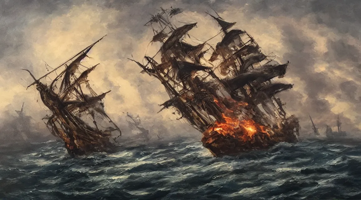 Prompt: oil painting of a pirate ship being attacked by a kraken