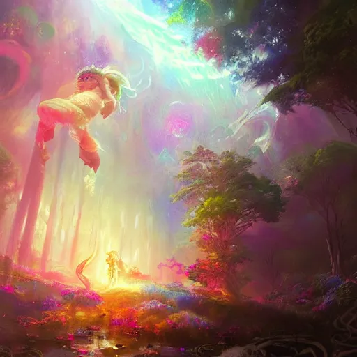 Image similar to a psychedelic realm where astral beings share love greg rutkowski wlop lisa frank bob ross ruan jia illustration