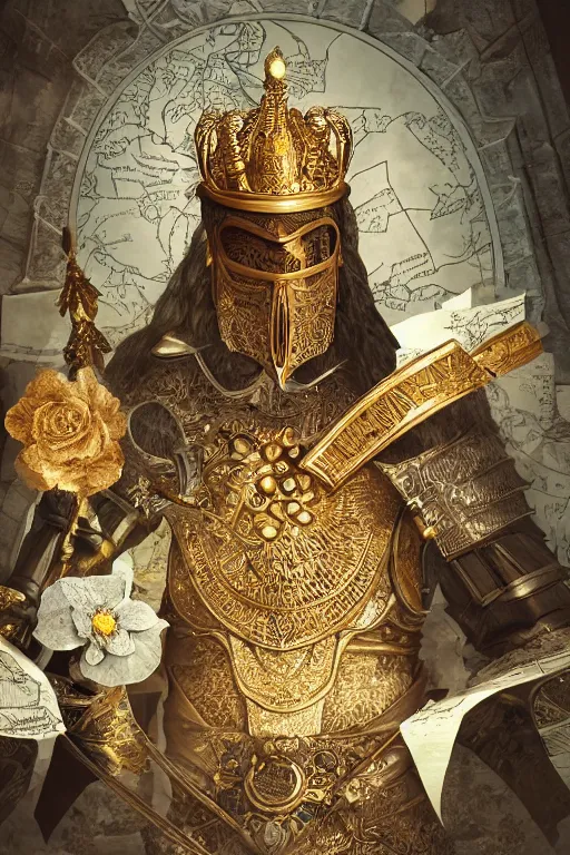 Image similar to hyperdetailed matte illustration of a knight wearing an ornate gold headpiece and holding a flower with a map of the collective subconscious in the background by octane render