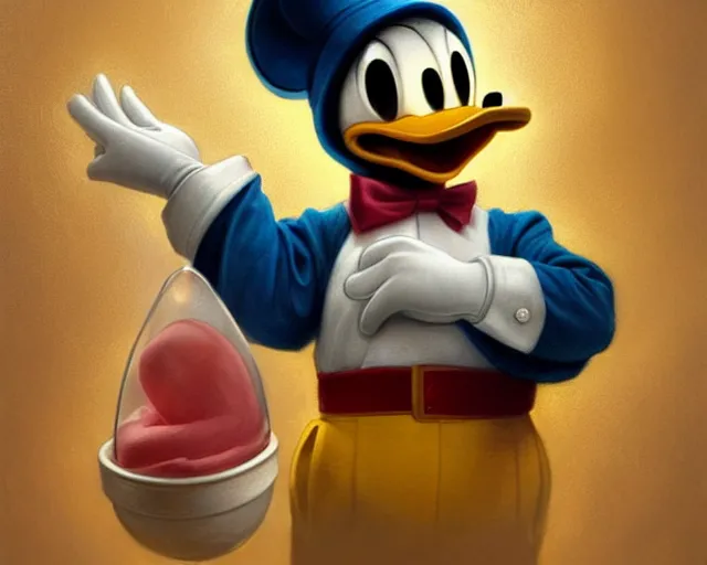 Image similar to realistic photography of donald duck holding a used condom, deep focus, intricate, elegant, highly detailed, digital painting, artstation, concept art, matte, sharp focus, illustration, art by artgerm and greg rutkowski and alphonse mucha