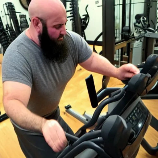 Prompt: chonky bald, grey trimmed bearded ethan van sciver working out vigorously on his peloton exercise bike