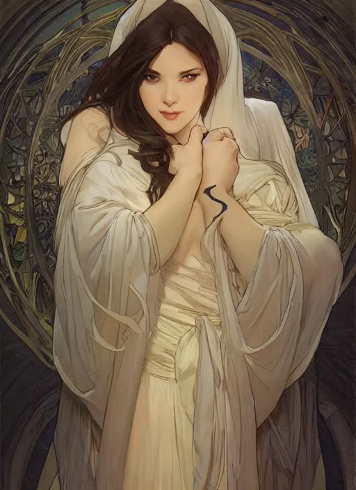 Image similar to digital character concept art by artgerm and greg rutkowski and alphonse mucha. clear portrait of a modestly clothed young wife blessed by god to uncontrollably become overwhelmingly perfect!! blonde, obviously full - figured holy body!! light effect. hyper detailed, glowing lights!! intricate, elegant, digital painting, artstation, smooth, sharp focus