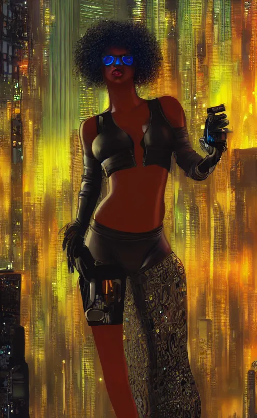 Image similar to a beautiful young Black woman, cyberpunk, Blade Runner city background, highly detailed, artstation, illustration, art by Gustav Klimt, 8K