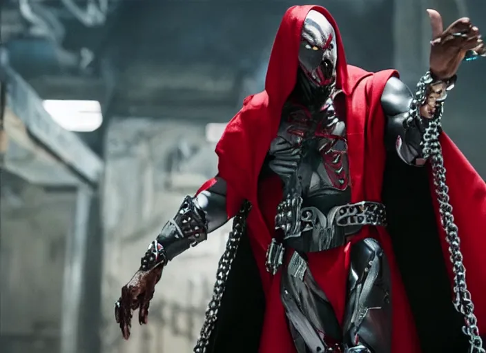 Image similar to film still of jamie foxx as spawn in the new spawn movie, giant chains, large cape, 8 k