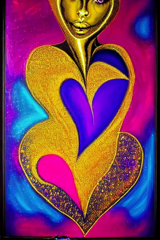 Prompt: A concept of Melancholic Euphoric heartshine in the crush of oblivion, a heart burning fiercely into a new essence. The vibrancy of nouveau is gilded with hollow-wishes. Trending on ArtStation. Vivid Neon Acrylic Metallic Acid-Dipped Painting. A mismatched grid of fate-stitched-patchwork memories.