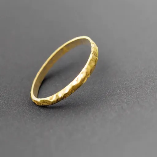 Prompt: very thin gold wedding ring, water texture on the ring, white background