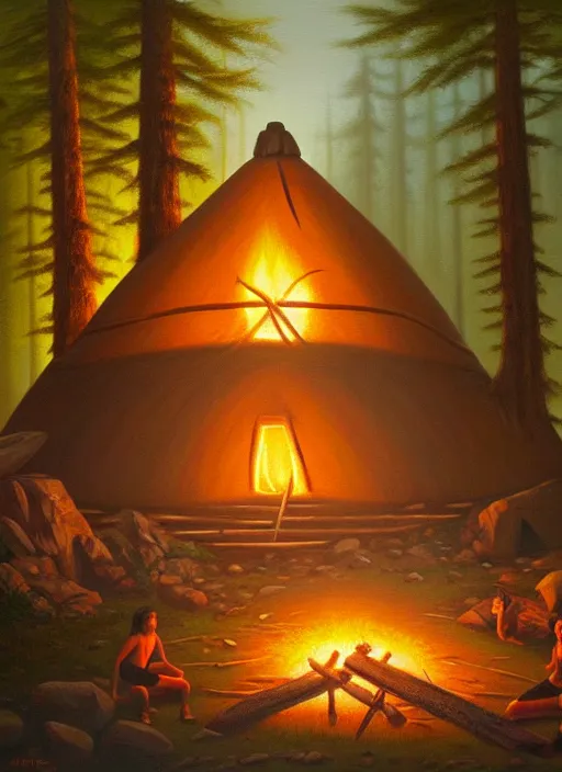 Prompt: a beautiful painting of a round native american sweat lodge hut in a forest near a campfire, matte painting, trending on artstation, art by christophe vacher