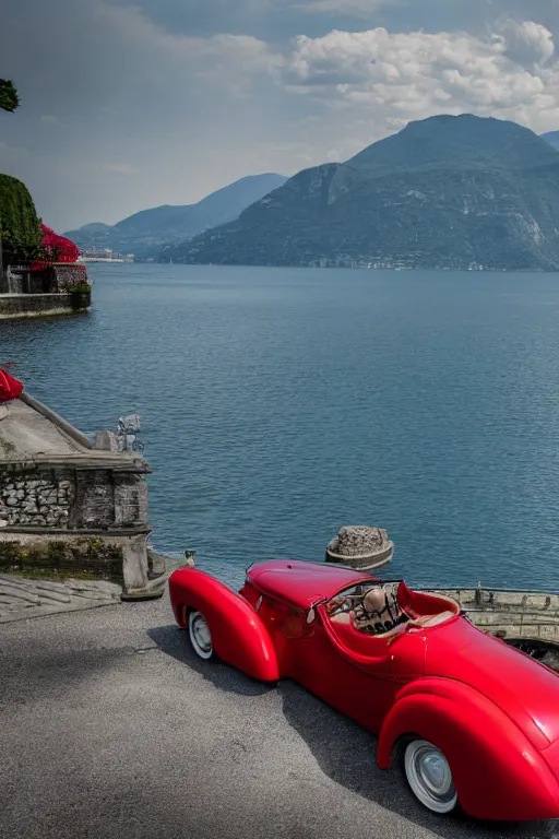 Image similar to Photo of a red 1939 Delahaye parked on a dock with Lake Como in the background, wide shot, daylight, blue sky, summer, dramatic lighting, award winning, highly detailed, 1980s, luxury lifestyle, fine art print, best selling.