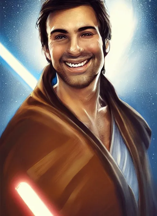 Image similar to a brown haired young eastern man with stubble, short hair, wearing brown jedi robes, smiling, close up, portrait style, star wars atmosphere, photographic print, artgerm, hyper - realistic