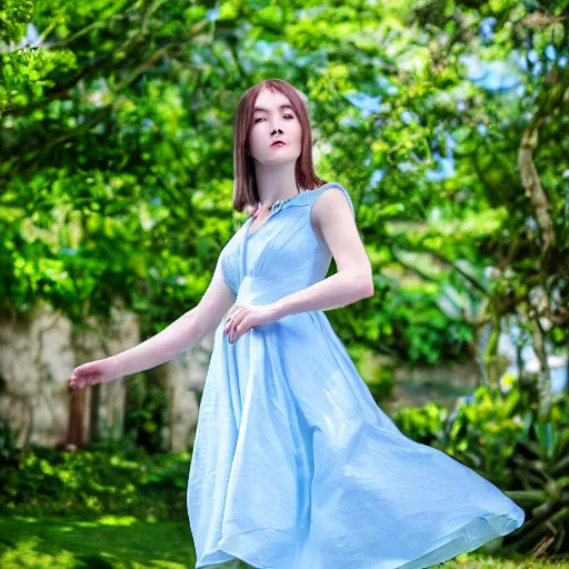 Image similar to portrait of a lady wearing a light blue dress, light, airy, garden, photorealistic, extreme detail, sharp focus, 8 k, intricate, hyper detailed, realistic, cinematic lighting