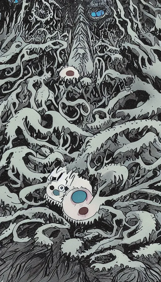 Image similar to a storm vortex made of many demonic eyes and teeth over a forest, by studio ghibli