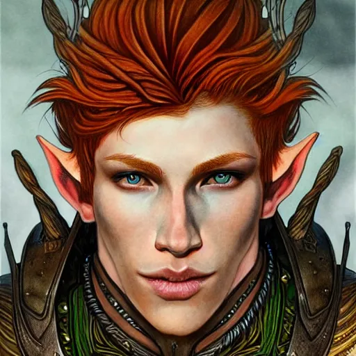 Image similar to portrait painting of an elven young man with short ginger hair and tribal tattoos wearing light armor, sharp focus, award - winning, trending on artstation, masterpiece, highly detailed, intricate. art by rebecca guay