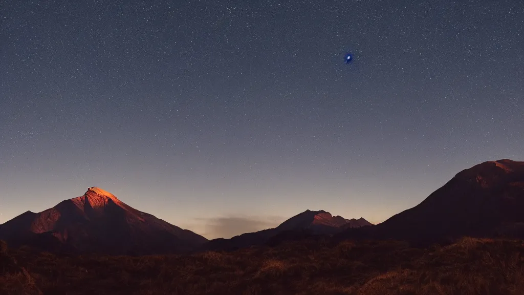 Prompt: a photograph of a distant mountain at nighttime, the peak reaches the stars, dramatic lighting,