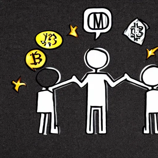 Image similar to detailed stick figure saying goodbye to teamates, cryptocurrency in the background