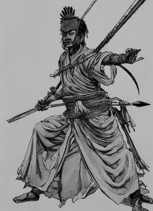 Image similar to a buddhist warrior with a spear, by takehiko inoue and kim jung gi, masterpiece ink illustration