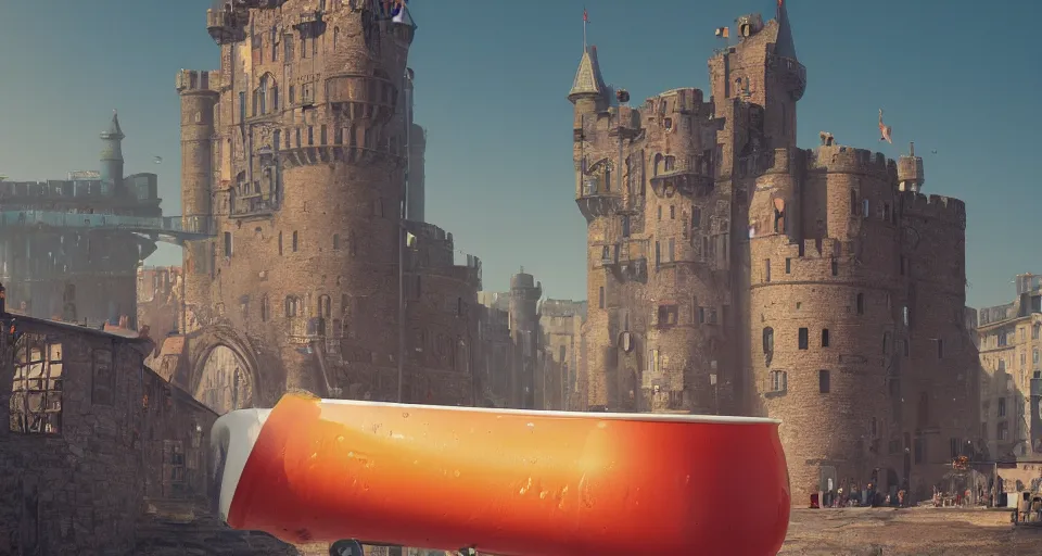 Image similar to A GIANT HUGE campbell soup can crashed right in the middle of a Medieval city, Soup can crashed into a castle rendered by Beeple, environment concept, digital art, unreal engine, 3 point perspective, trending on artstation, low level, 4K UHD image, octane render,