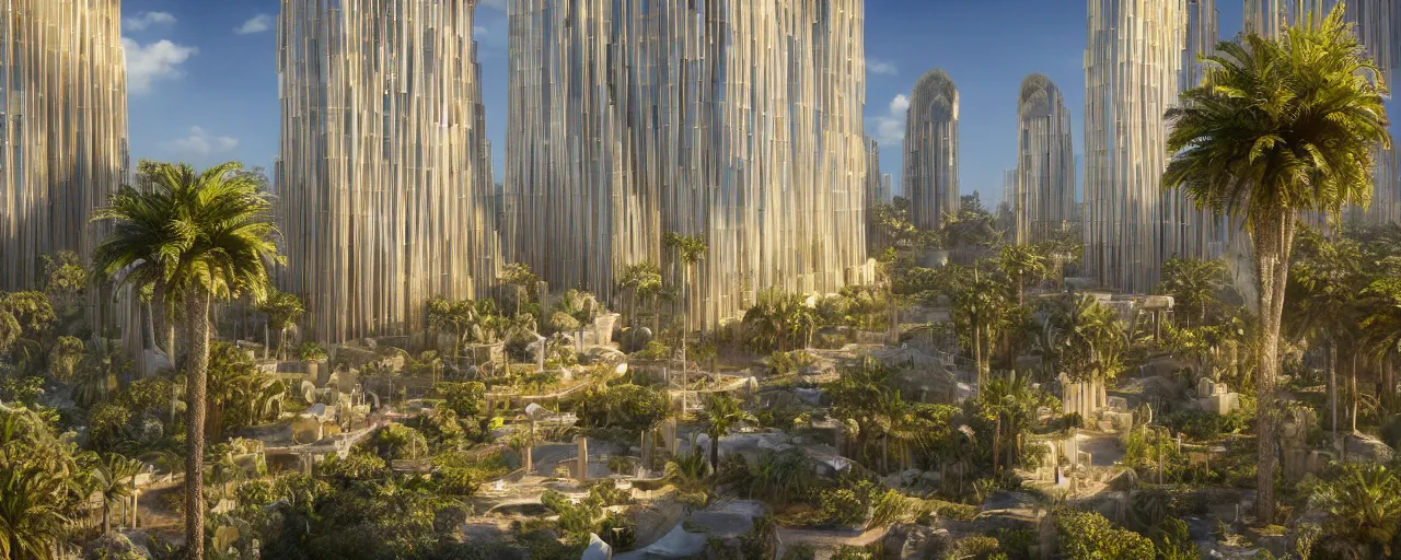 Image similar to contemporary golden babylon tower, sacred ancient architecture, hanging gardens, cascading highrise, arid mountains with lush palm forest, sunlight, post - production, octane, cgi, sfx