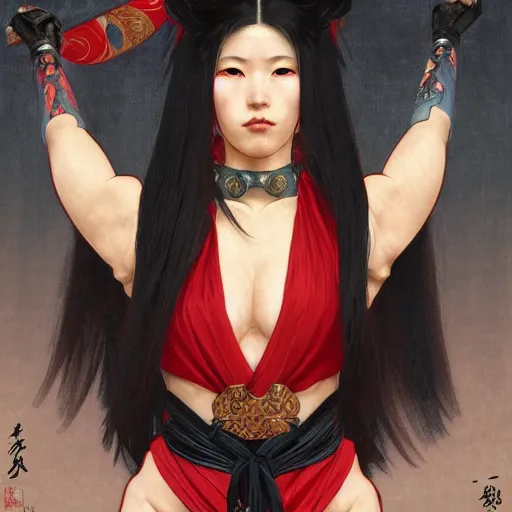 Prompt: muscular female fighting shrine maiden miko with long flowing black hair wearing a red hakama over a black leotard, intricate, highly detailed, digital painting, artstation, concept art, smooth, sharp focus, illustration, art by artgerm and greg rutkowski, alphonse mucha, frank frazetta