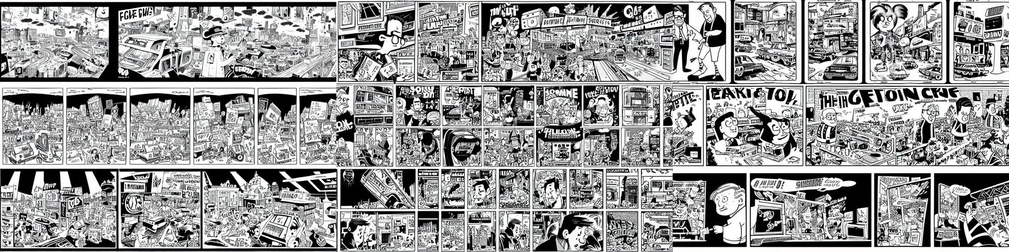 Prompt: cartoon strip, in colour, half tone, back to the future, mcbess