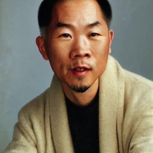 Image similar to portrait of a man. asian. blonde hair, a ponytail and a goatee. a strip of hair on his forehead. wearing a green neck sweater under an beige coat.